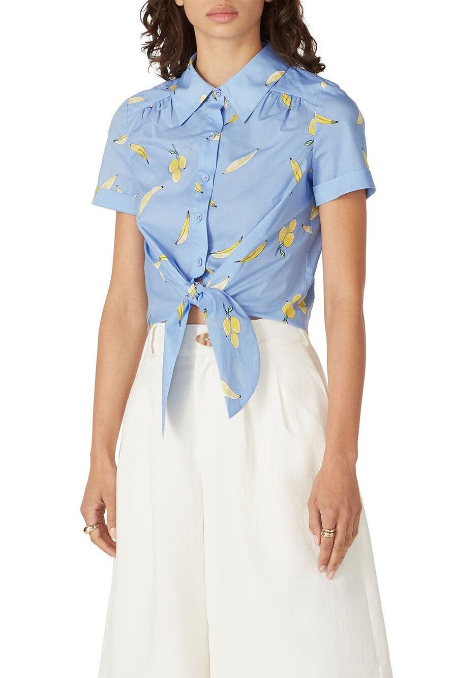 MILLY Blue Yellow Banana Printed Cotton Bonnie Tie Front Crop Top Size Medium